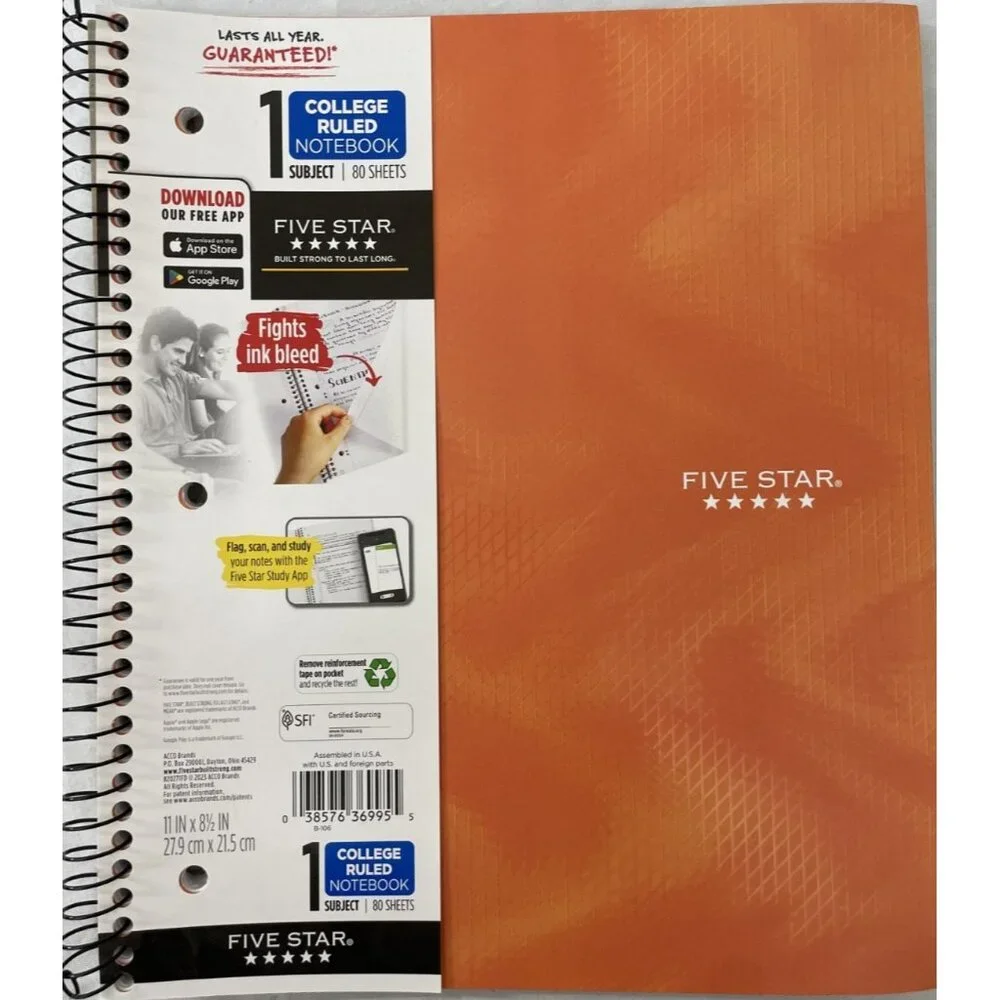 Five Star Spiral Notebook 1 Subject College Ruled 80 Sheets Sedona Orange New